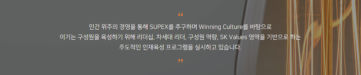 인간 위주의 경영을 통해 SUPEX를 추구하며 Winning Culture를 바탕으로 이기는 구성원을 육성하기 위해 리더십, 차세대 리더, 구성원 역량, SK Values 영역을 기반으로 하는 주도적인 인재육성 프로그램을 실시하고 있습니다.